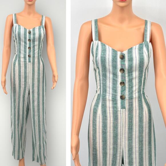 Womens Linen Blend Jumpsuit M Kelly Green Striped Wide Leg Sleeveless Tie Back - Picture 4 of 11